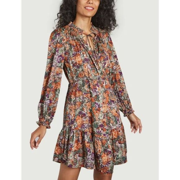 NWOT Suncoo Paris Chama Floral 70’s Inspired Bohemian Lined Swing Dress Size XS - Picture 1 of 16